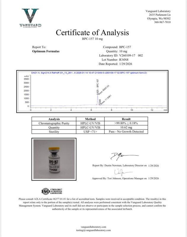 Certificate of Analysis or detection report for BPC-157